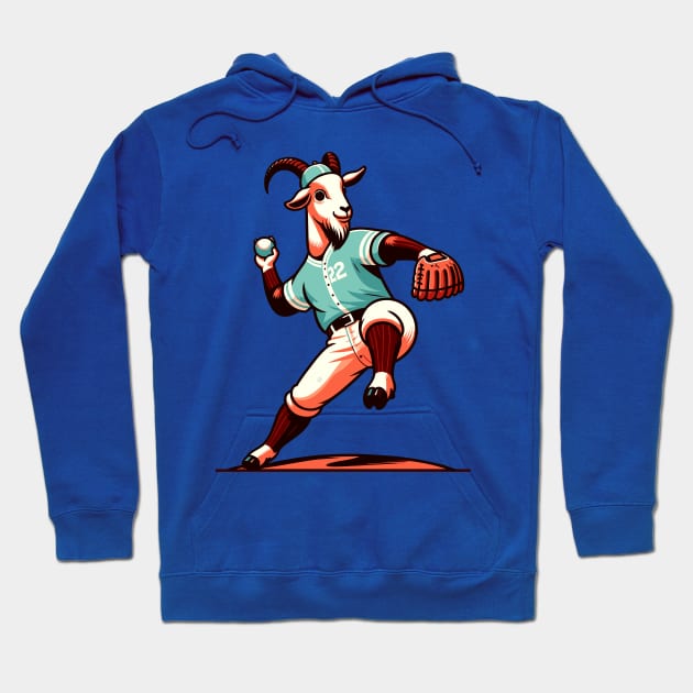 Throwback Goat pitcher - Vintage 1990s Cartoon Style Baseball Art Hoodie by TimeWarpWildlife